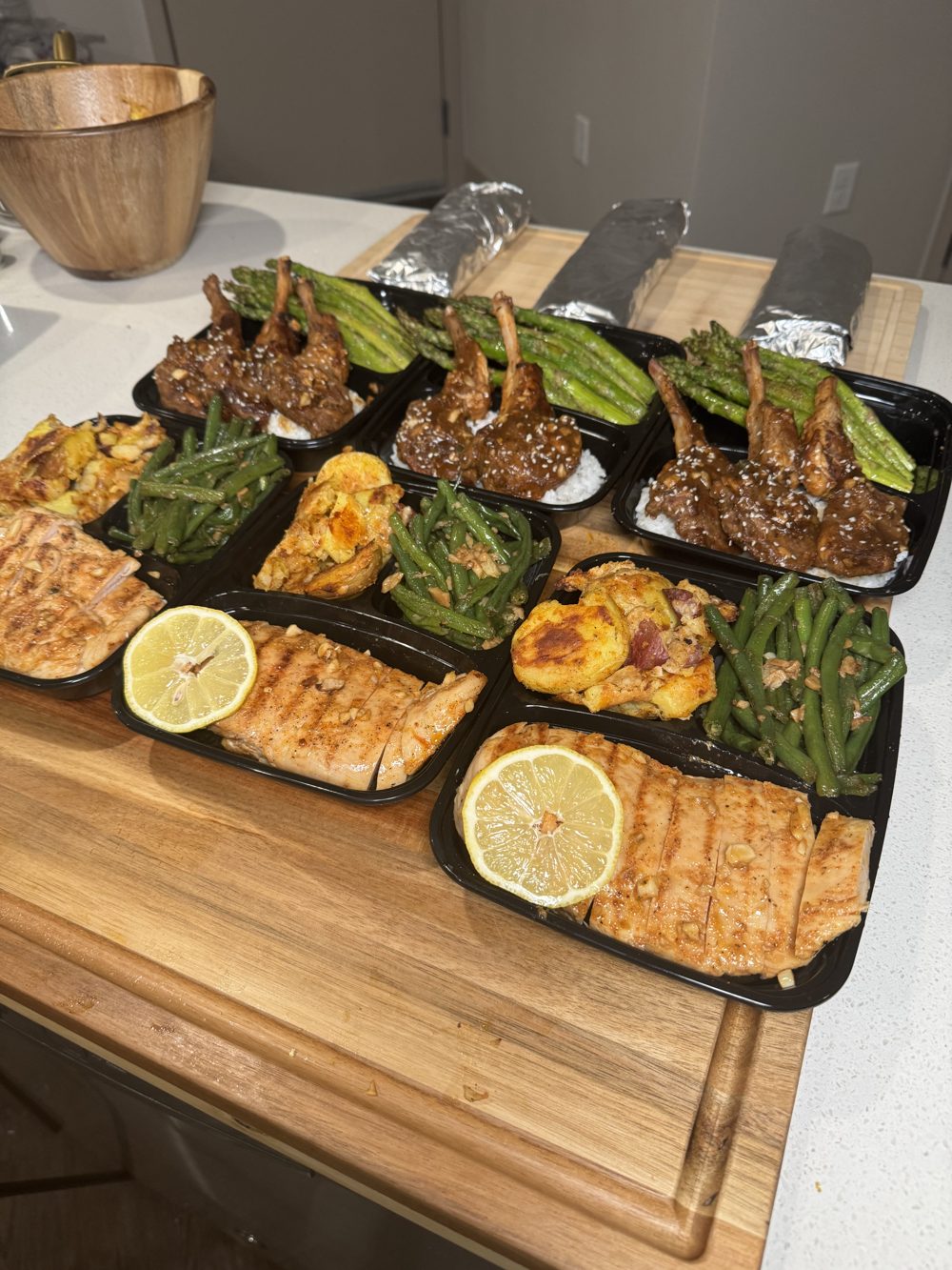 Honey glazed lamb chops with asparagus and lemon garlic chicken with green beans and smashed potatoes